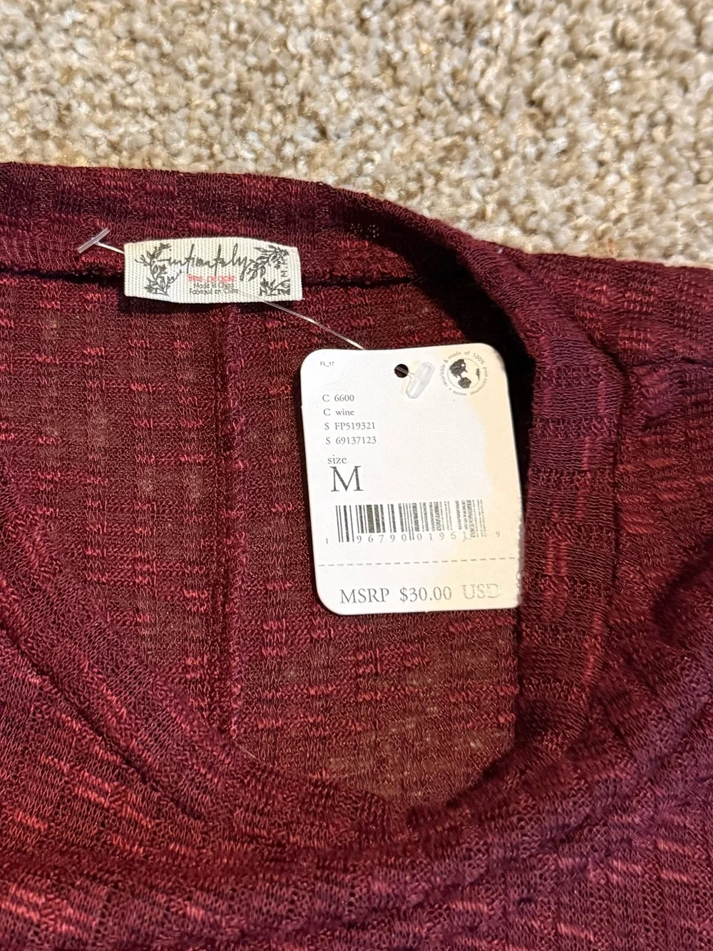 Free People Long-Sleeve Ribbed Crewneck Top - Burgundy